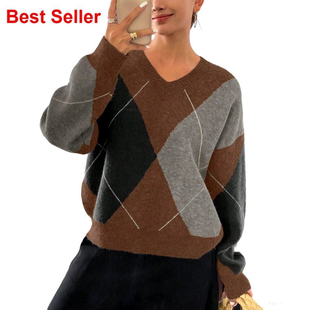 Oversized Chunky Knit V-Neck Argyle Sweater Pullover Women's Casual Top